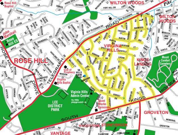 Street Map of Virginia Hills and Nearby Neighborhoods