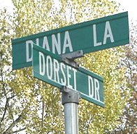 The older green signs for Diana Lane and Dorset Drive